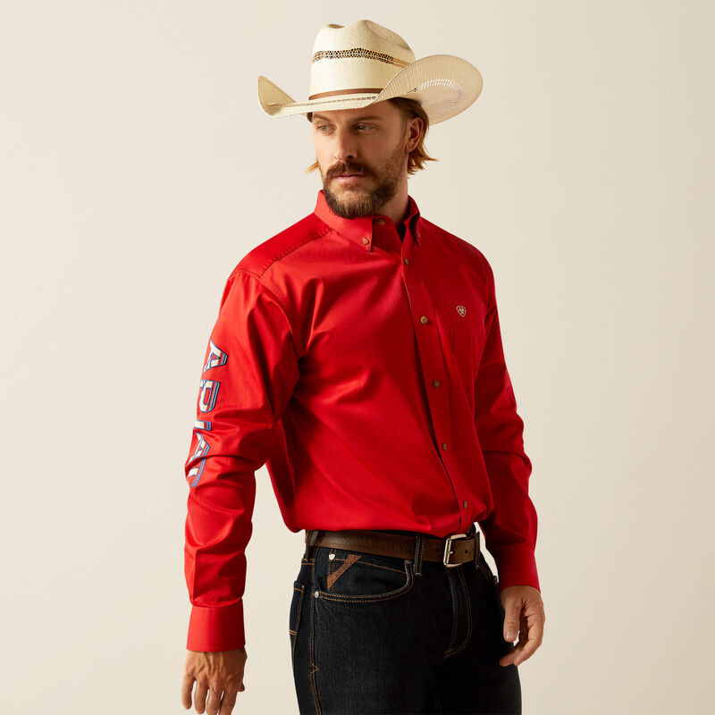 mens red button down dress shirt Ariat Men's Team Logo Twill Classic Fit Shirt 10055236 XL