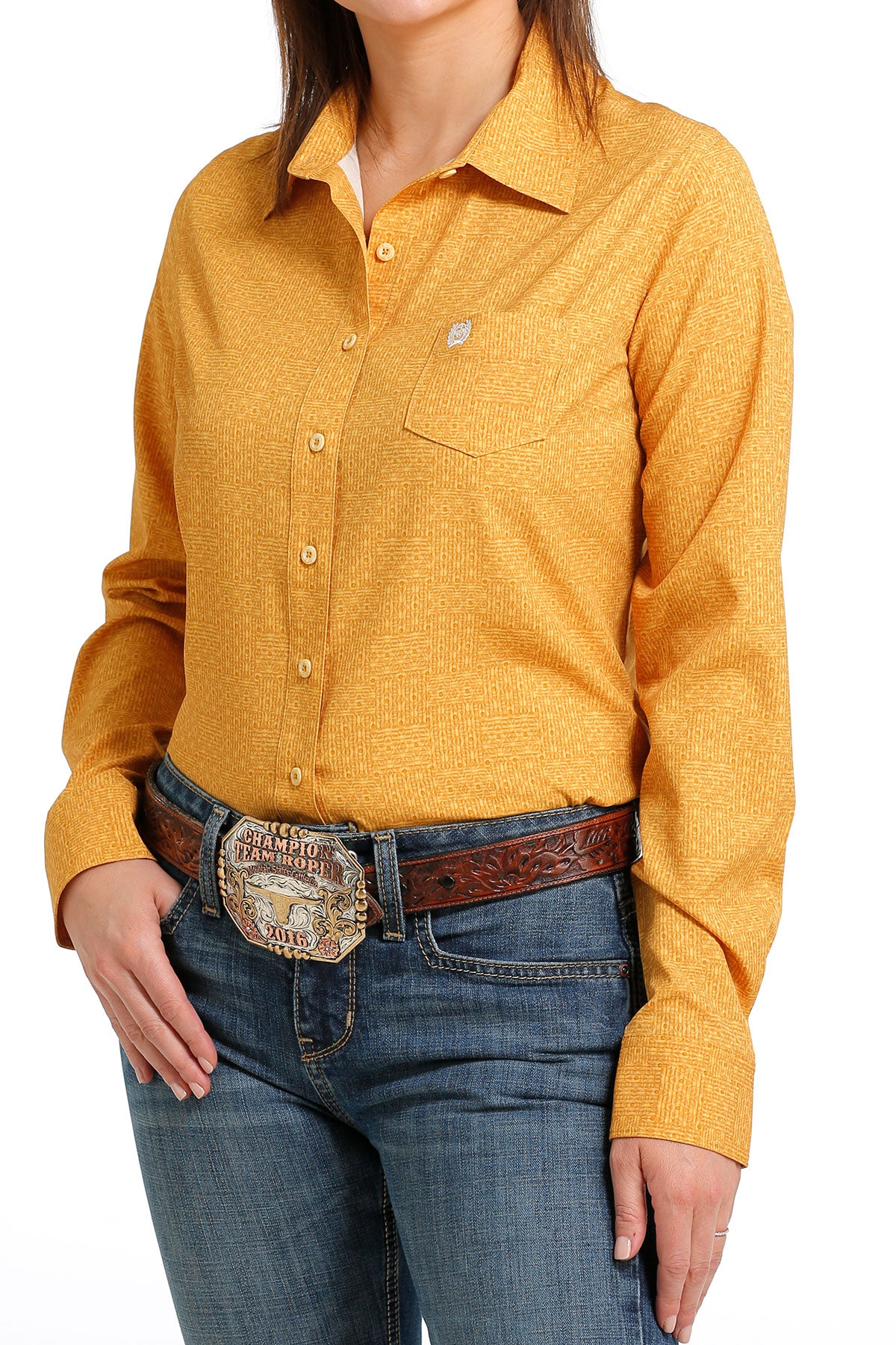 slim fit dress slacks Cinch Ladies Gold Stripe Print Button Down Shirt MSW9165052