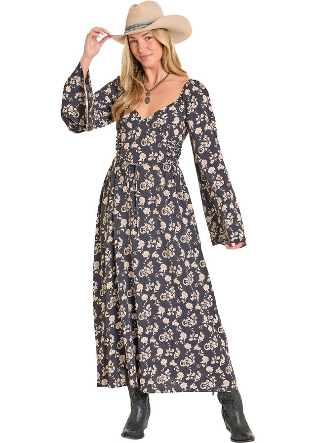 flowy cowgirl dress Rock & Roll Ladies Black Floral Print Midi BWD2R07823 traditional women's clothing GOLD Sequin Dress Bling Perfect for casual daily Fit:Bootcut