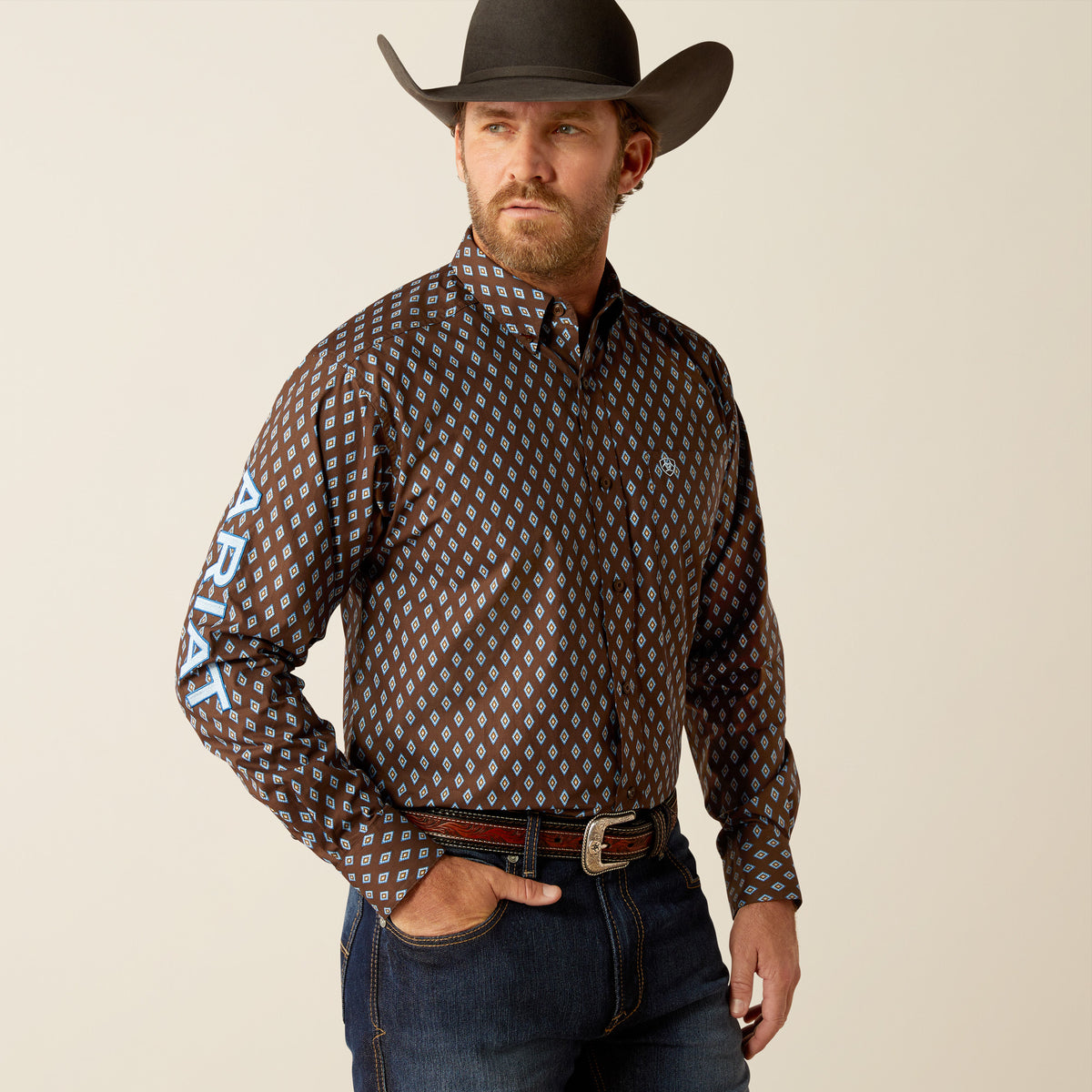 Ariat Men's Team Oak Classic Fit Brown Light Blue Shirt L