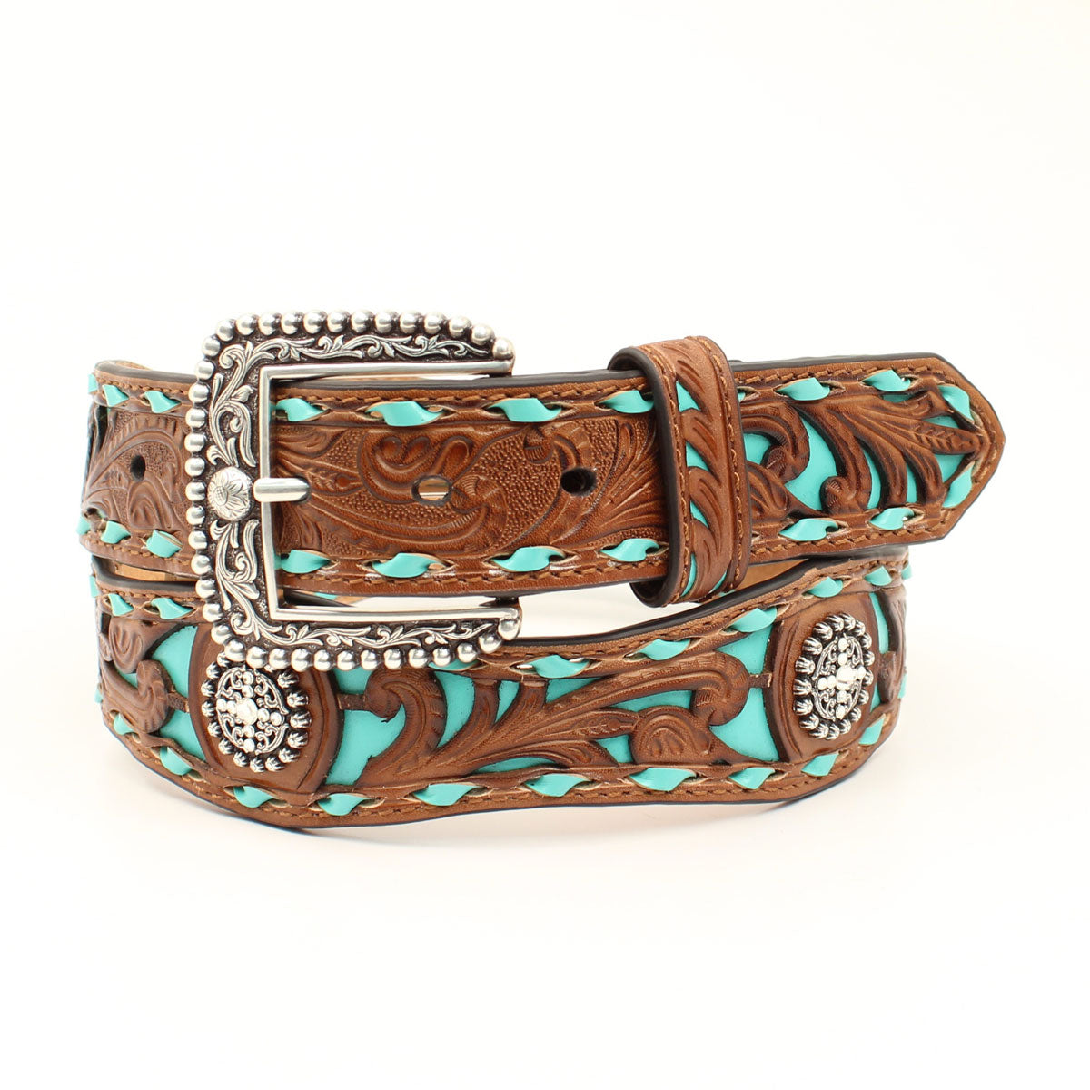 7296 Women\'s Belt 1 1/2\'\' Turquoise Buck Lace Brown, Size Southwestern Copper Turquoise Patina Buckle Genuine Full  main image 3