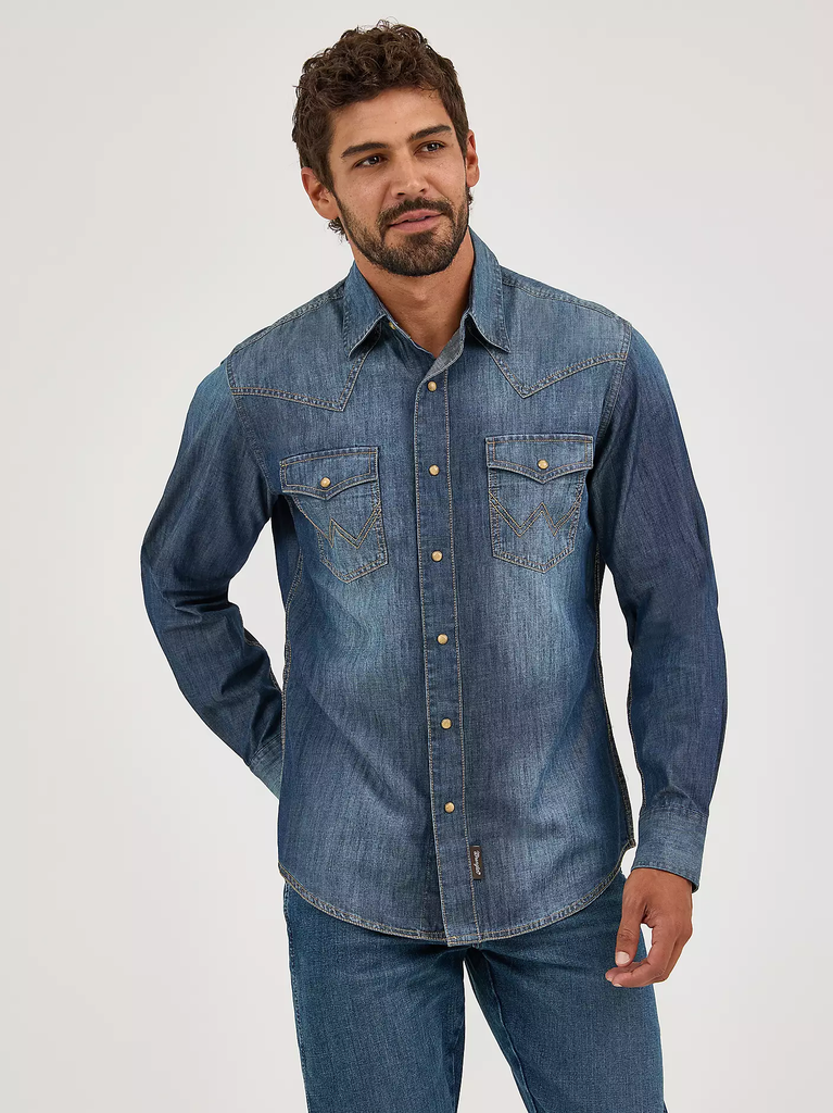 AKM×Wrangler コラボ rodeo denim shirts (M) Men's Wrangler Retro Snap Front Shirt #MVR458D | High Country