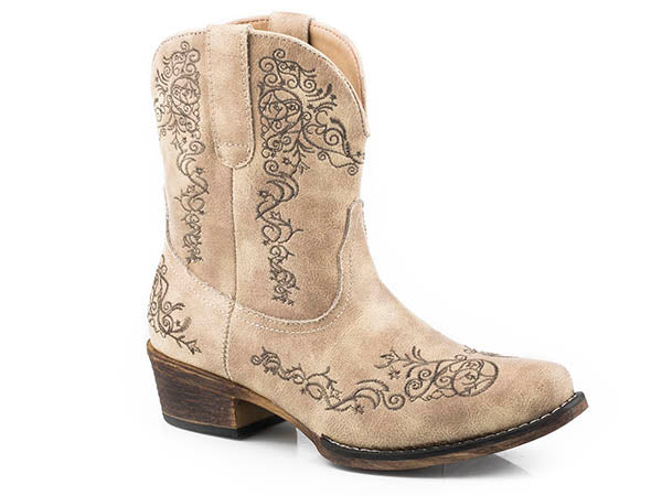 ROPER Ladies Riley Western Boots - Pink Vintage Faux Leather With Embroidery, 12" Shaft