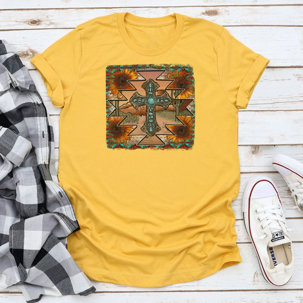 Women's Rebel Rose Aztec Sunflower Cross T-Shirt-C
