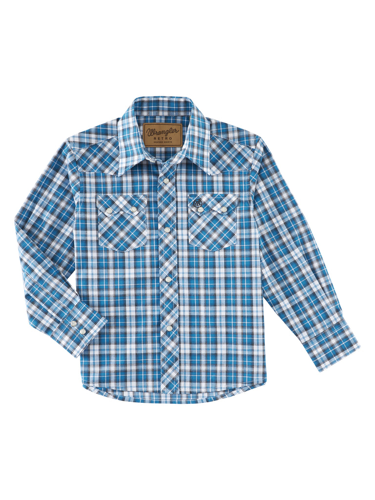 Boy's Wrangler Blue Plaid Snap Front Shirt #112318762