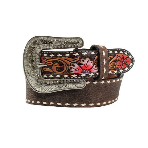 Angel Ranch Brown Tooled Leather Western Double Buckle Belt Womens M - S8 Women main image 4